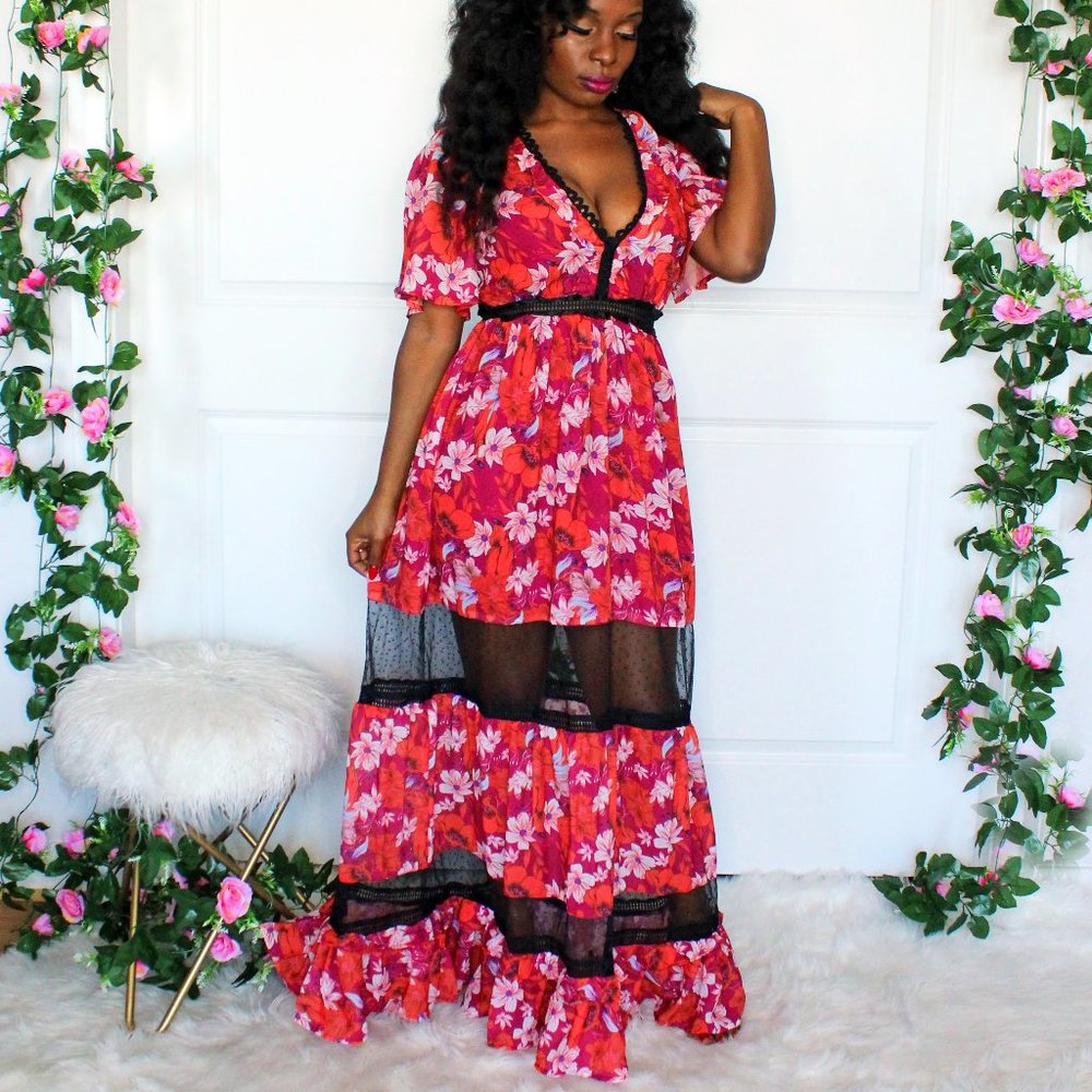 Floral Lace Ruffle Maxi Dress